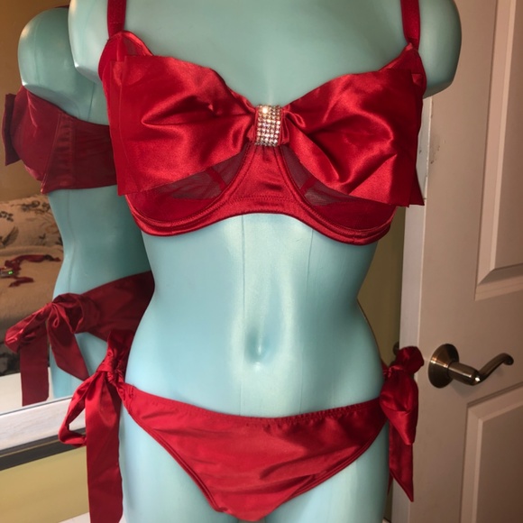 Victoria’s Secret Satin Bow Crystal Accent Push Up /Garter /Side Tie Cheeky NWT - Picture 5 of 10